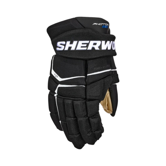Lettermen Sports Sherwood Code Photon 1 senior hockey gloves in black with E-Lite Pro+ protection and suede palm