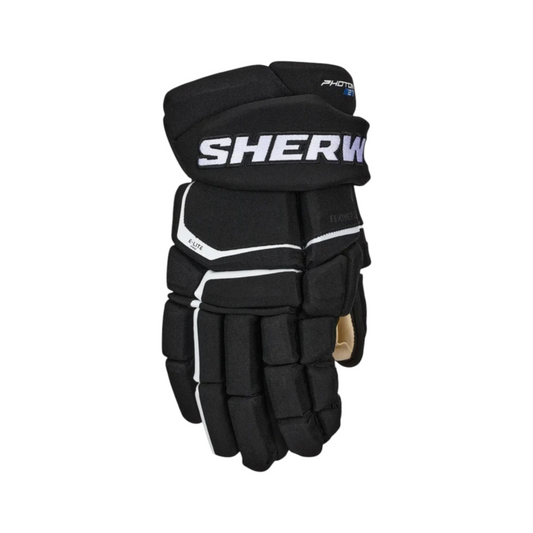 Lettermen Sports Sherwood Code Photon 2 black senior hockey gloves with E-Lite Pro foam and tapered fit design.