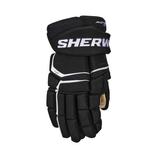 Lettermen Sports Sherwood Code Photon 2 junior hockey gloves in black with E-Lite Pro foam and tapered fit design.
