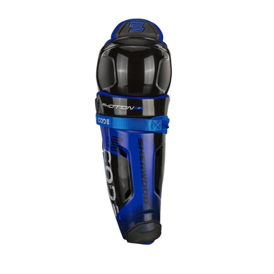 Lettermen Sports Sherwood Code Photon 2 junior hockey shin guards in blue and black with vented plastic shell