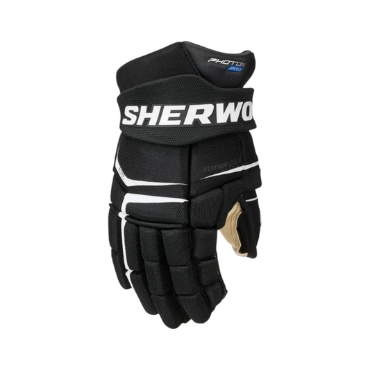 Lettermen Sports Sherwood Code Photon Pro senior hockey gloves in black with protective E-Lite Pro Shield padding