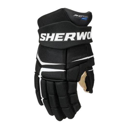 Lettermen Sports Sherwood Code Photon Pro junior hockey gloves in black with E-Lite Pro Shield and AX Suede palm