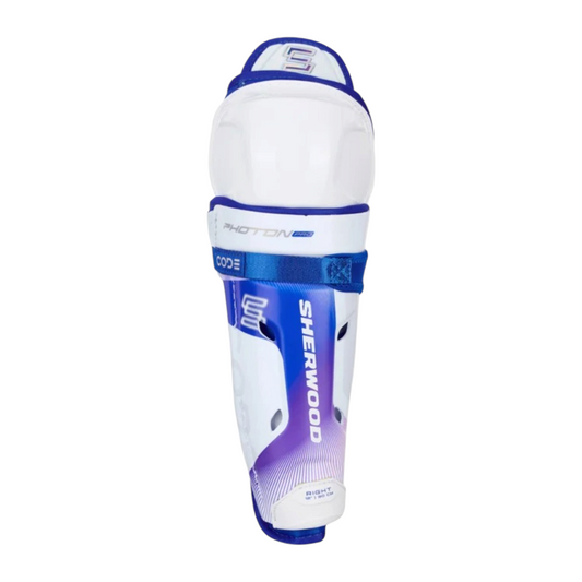 Lettermen Sports Sherwood Code Photon Pro senior hockey shin guard in white and blue with tapered low-profile design