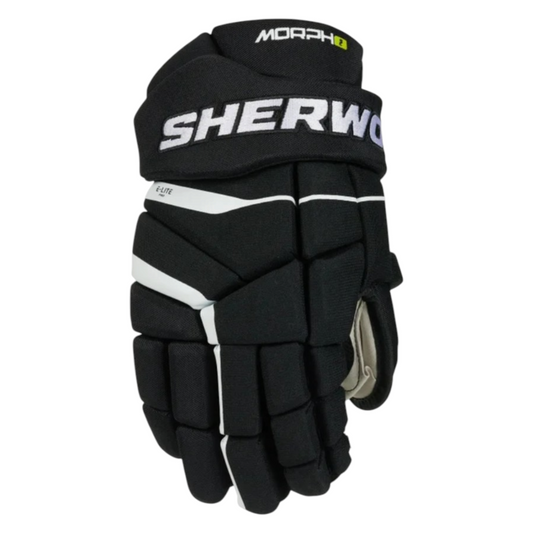 Lettermen Sports Sherwood Rekker Morph 2 junior hockey gloves in black with E-Lite Pro protection and anatomical fit.