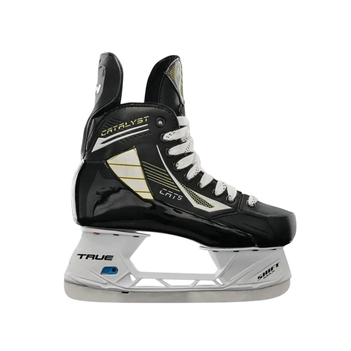 Lettermen Sports True Catalyst 5 junior hockey skate featuring a black one-piece fiberglass boot and white SHIFT holder