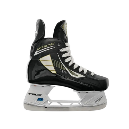 Lettermen Sports True Catalyst 5 junior hockey skate featuring a black one-piece fiberglass boot and white SHIFT holder