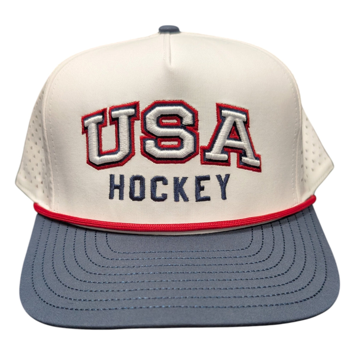 Lettermen Sports HockeYak USA Hockey trucker cap in white, navy, and red with embroidered lettering and rope detail.