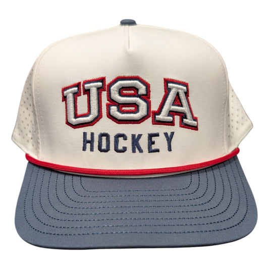 Lettermen Sports HockeYak USA Hockey trucker cap in white, navy, and red with embroidered lettering and rope detail.