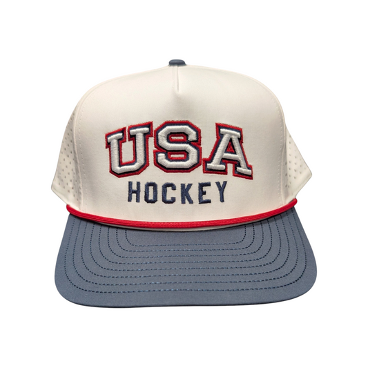 Lettermen Sports HockeYak USA Hockey trucker cap in white, navy, and red with embroidered lettering and rope detail.