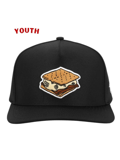 Lettermen Sports youth snapback hat in black featuring an embroidered s'more graphic on the front panel