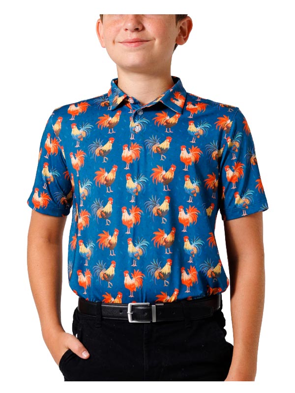 Navy Rooster Waggle Youth Golf Polo